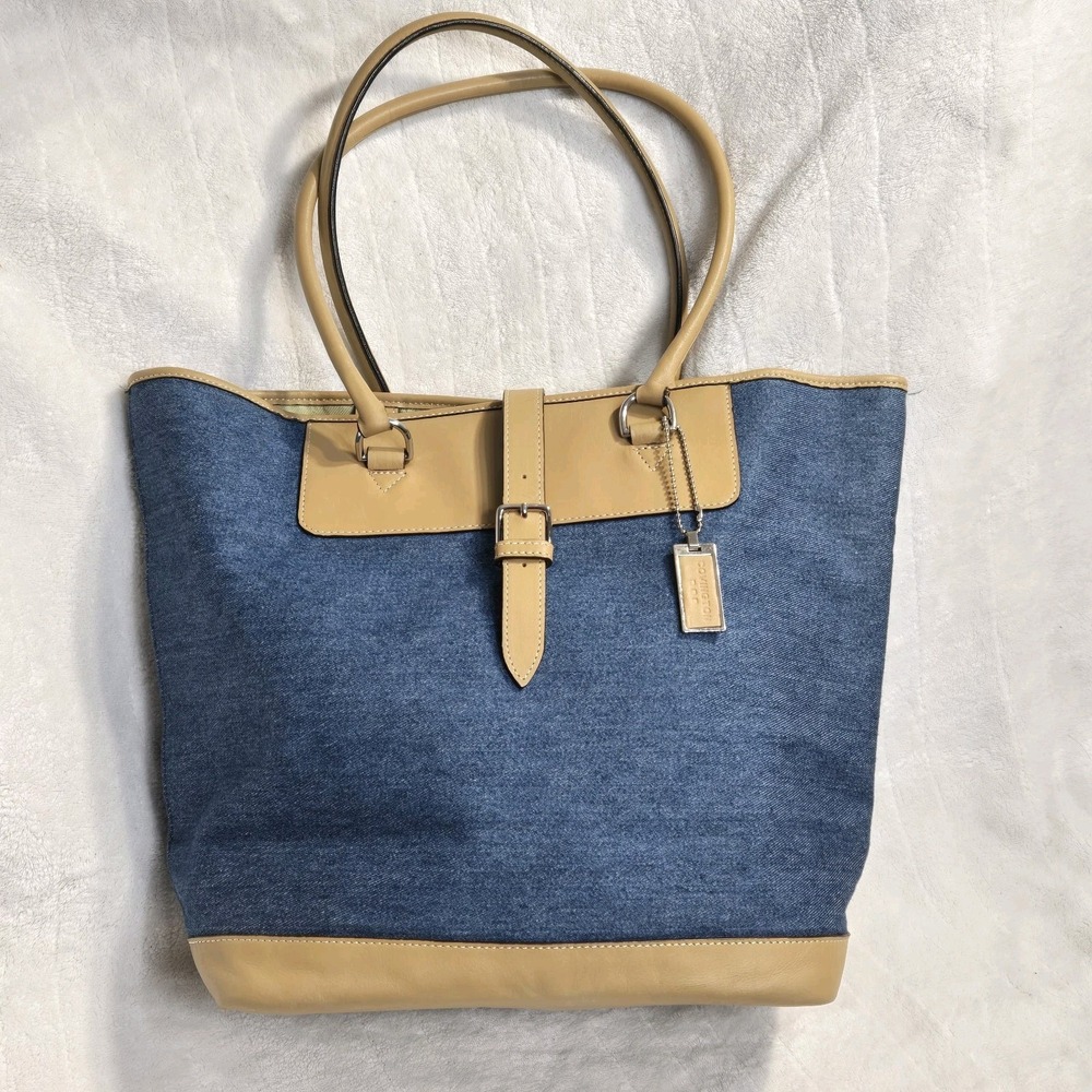 Covington Tote Women's Large Shoulder Bag‎ Denim Blue Tan Casual Purse